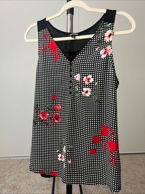 Express Black & White Gingham Tank Top with Red and Pink Floral Accents